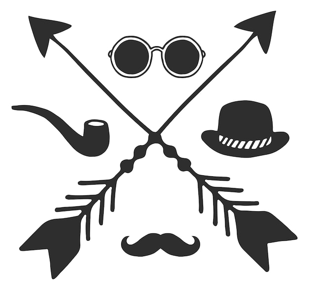 Vecteur logo hipster de style boho avec accessoires masculins noirs isolés sur fond blanc