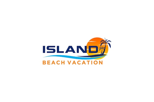 Logo De L'île De Plage Avec Palmier Cocotier Et Coucher De Soleil Icône Design Vague D'eau Mer