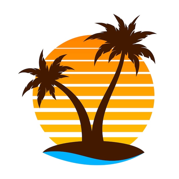 Logo D'île De Vague De Paysage De Palmier Tropical Plat