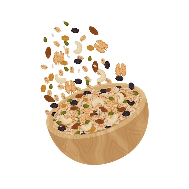 Vecteur logo d'illustration de lévitation de granola dans une tasse en bois