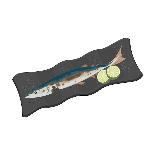 Vecteur logo d'illustration vectorielle de poisson sanma kongchi ou balaou du pacifique grillé et mangé avec des baguettes