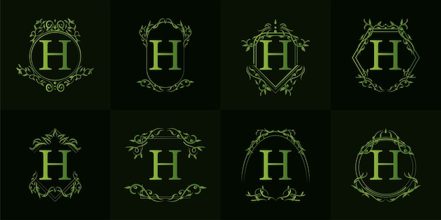 Vecteur logo initial h avec ornement de luxe ou cadre de fleur, collection de jeu