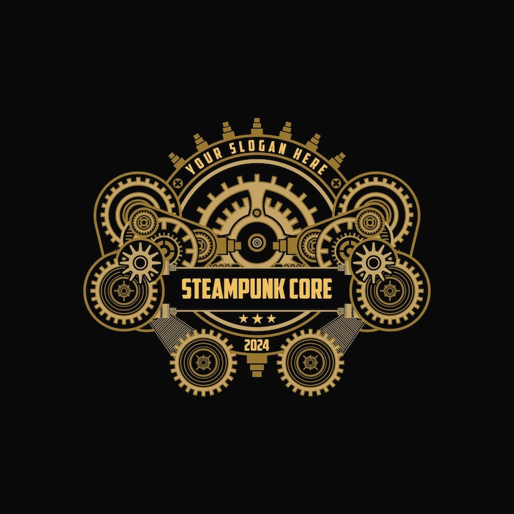 Vecteur logo de l'insigne steampunk avec des détails d'équipement et de machine vintage