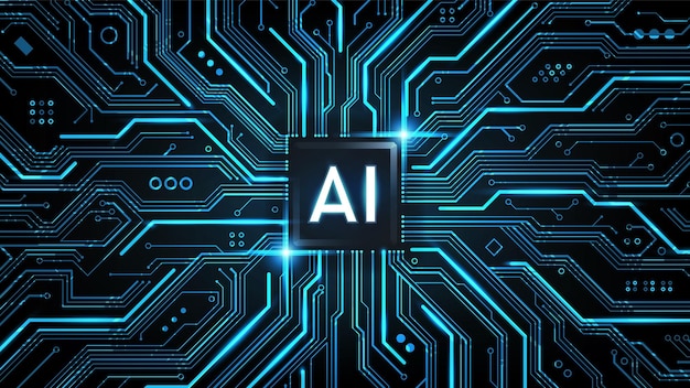 Logo d'intelligence artificielle IA sur la carte de circuit imprimé du jeu de puces Concept de technologie d'intelligence artificielle