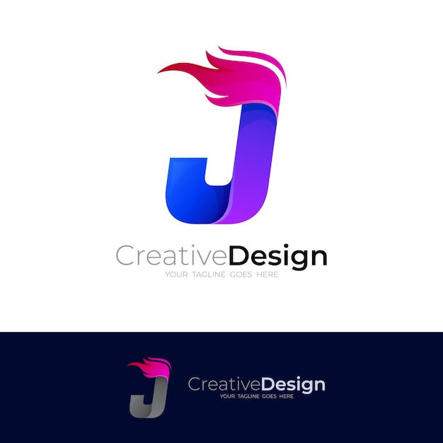 Vecteur logo j et feu design coloré, icône de style 3d