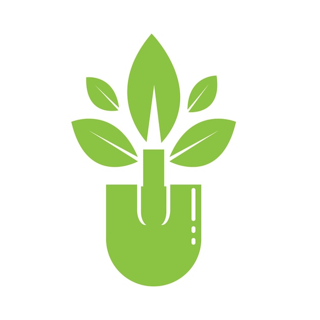 Logo de jardinage avec icône de pelle et arbre avec modèle de logo de feuilles vertes