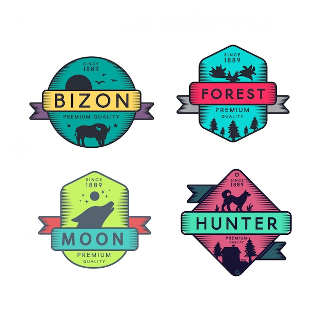 Logo De Jeu De Badges Bizon Et Forêt, Lune Et Chasseur