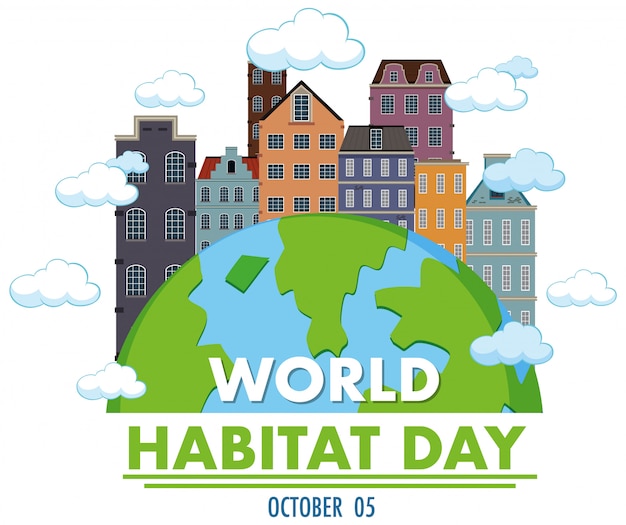 Logo De La Journée Mondiale De L'habitat Du 5 Octobre Avec Les Villes Du Globe