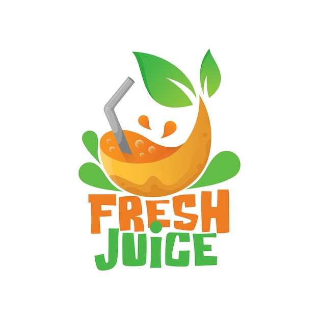 logo de jus de fruits frais avec illustration orange et paille