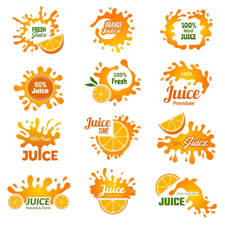 Vecteur logo de jus. une goutte d'encre orange éclabousse des badges pour boire