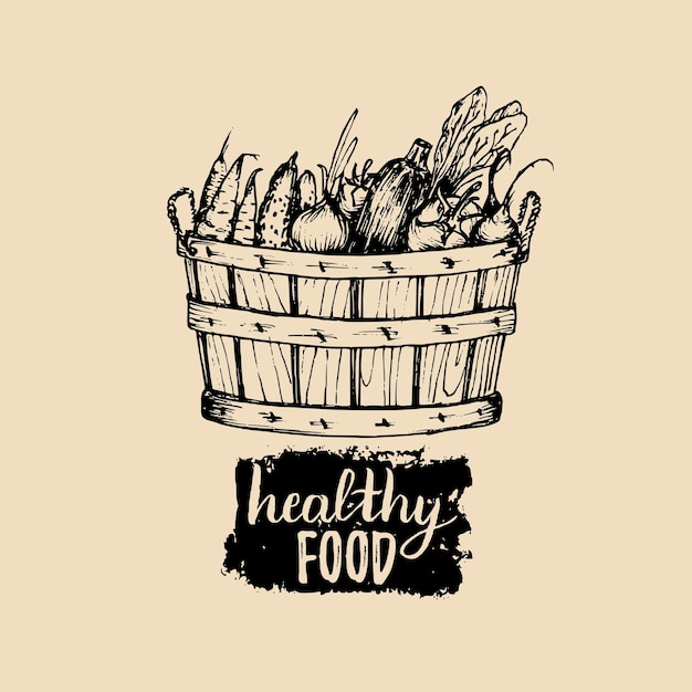 Vecteur logo de légumes biologiques vectoriels illustration de produits écologiques de la ferme panier esquissé à la main avec des verts affiche de récolte rurale vintage
