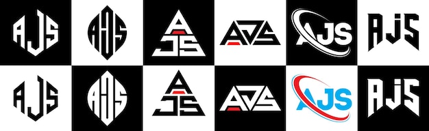 Vecteur le logo de la lettre ajs en six styles ajs polygone cercle triangle hexagone plat et simple style avec variation de couleur noir et blanc logo de lettre réglé dans un tableau d'art ajs logo minimaliste et classique