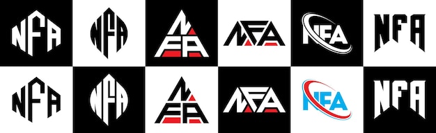 Le logo de la lettre NFA en six styles NFA polygon cercle triangle hexagone plat et simple style avec variation de couleur noire et blanche logo de lettre mis en un tableau d'art NFA logo minimaliste et classique