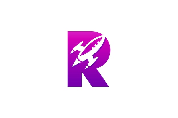 Vecteur logo de lettre r avec combinaison de fusée volante en dégradé de couleur violet