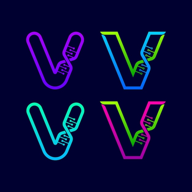 Logo de la lettre V avec structure d'ADN génétique et concept de points de ligne pour Science Laboratory Company