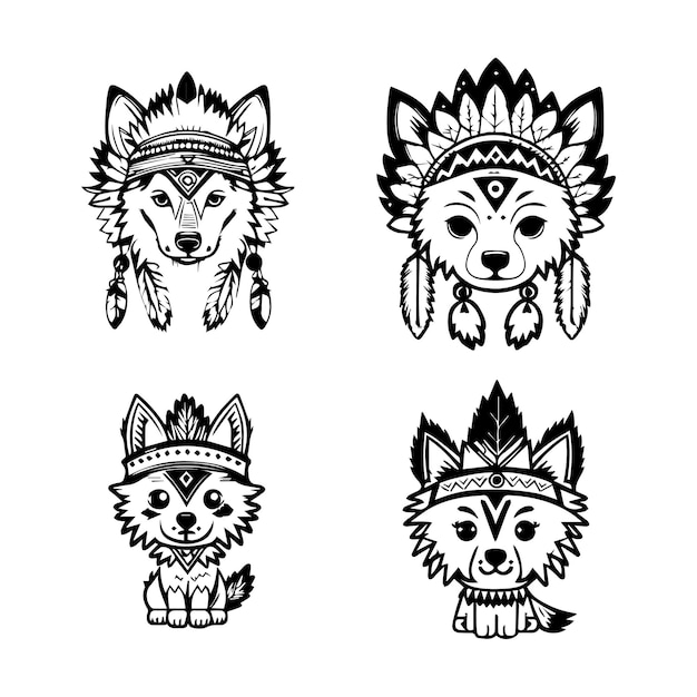 Logo De Loup Kawaii Mignon Portant Une Collection D'accessoires De Chef Indien Ensemble Illustration Dessinée à La Main