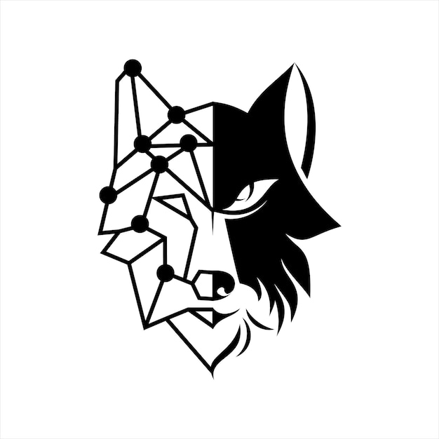 logo de loup à moitié gras et illustration animale de vecteur de ligne