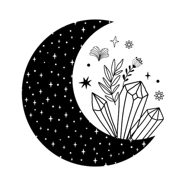 Logo De Lune Florale Tatouage De Lune Noire De Beauté Croissant Céleste Avec Des Cristaux Dessin à La Main élément Féminin