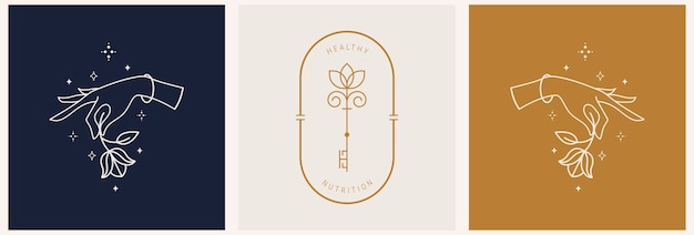 Logo de mains féminines mystiques dans un style linéaire minimal Modèles avec divers gestes de la main étoiles de lune et cristaux Pour les cosmétiques beauté tatouage spa manucure bijouterie