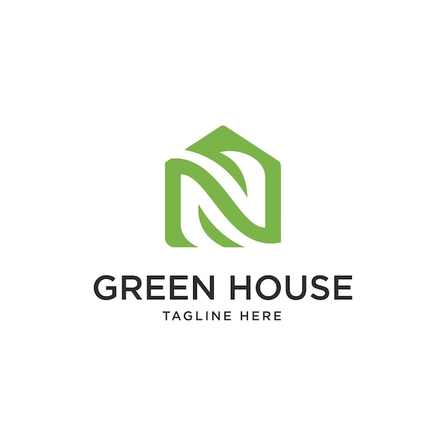 Logo de la maison verte avec lettre abstraite N et modèle de conception de feuille