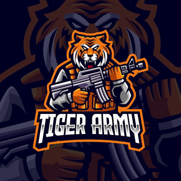 Logo de mascotte de l'armée tigre tigre avec pistolet