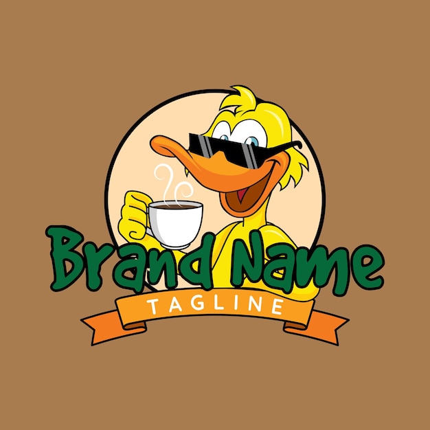 Vecteur logo de mascotte de dessin animé cool duck jaune avec des lunettes de soleil tenant une tasse de café sur fond marron
