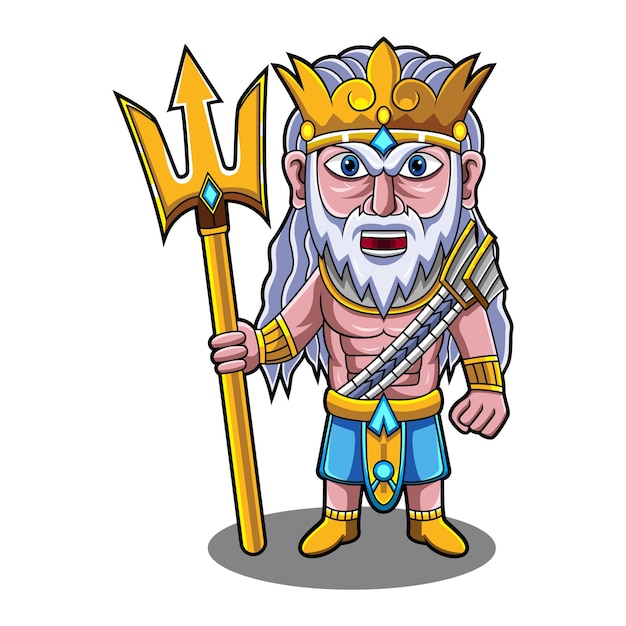 Logo de mascotte Poseidon chibi avec arme trident