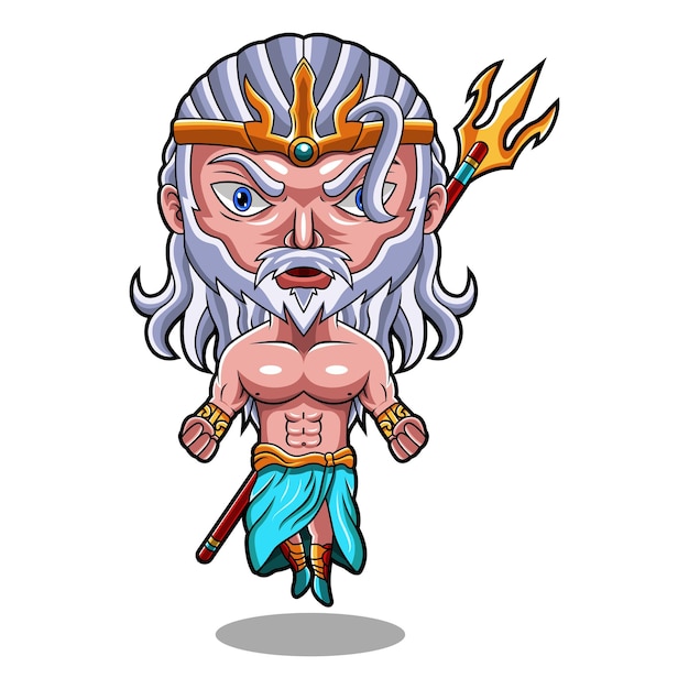 Logo mascotte Poséidon chibi avec arme trident