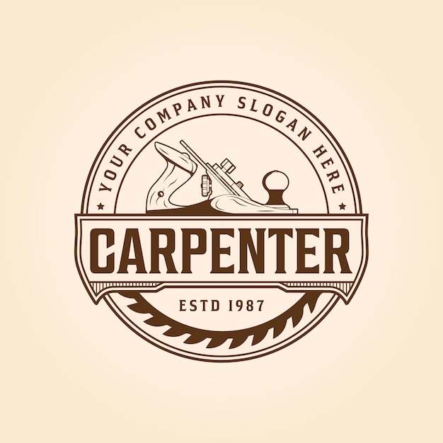 Vecteur logo de menuiserie avec vector illustration marteau acier scies charpentier et hache logo vintage rétro
