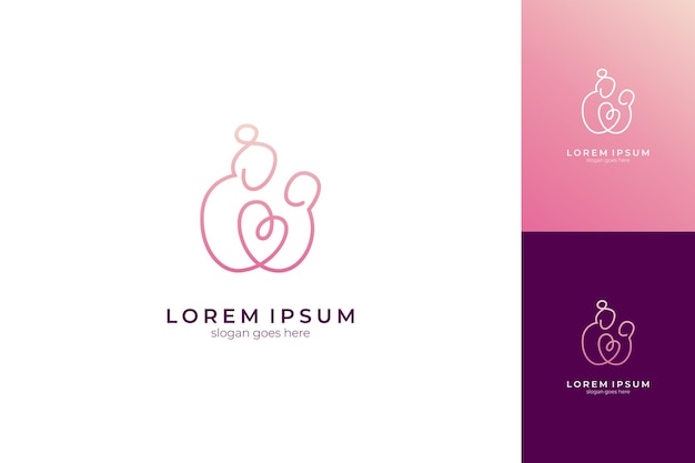 Logo mère et enfant avec forme de coeur dans le style de conception de la ligne médiane simple et unique disponible en plusieurs aperçus avec différentes couleurs et arrière-plans