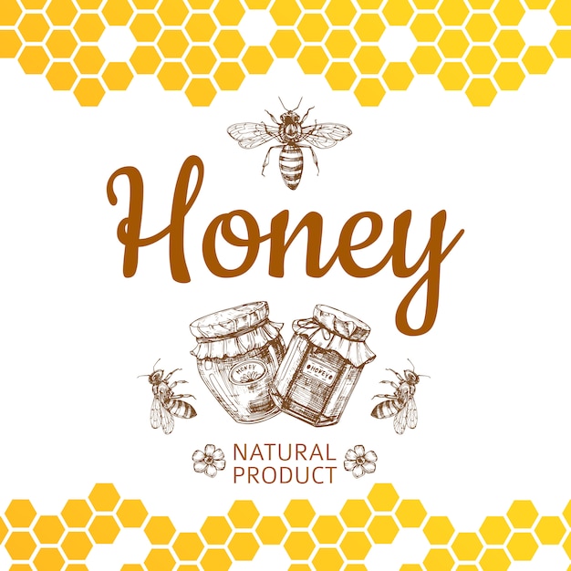 Logo de miel vintage et arrière-plan avec abeille, pots de miel et nids d'abeille