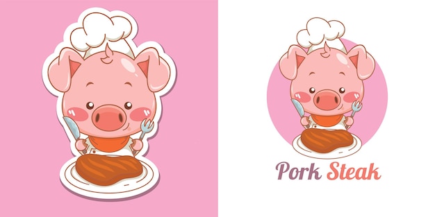 Logo Mignon De Mascotte De Chef De Porc Mangeant Le Bifteck De Porc