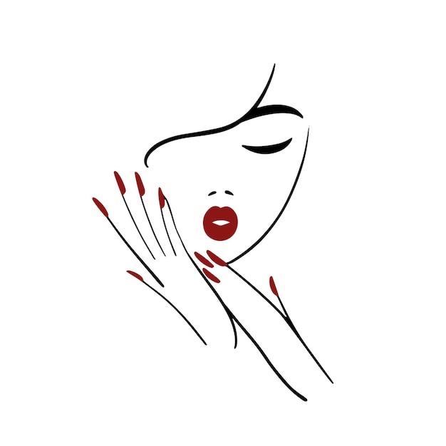 Logo Minimal Pour Un Portrait De Femme De Ligne De Studio D'ongle De Salon De Beauté Avec Les Lèvres Rouges Et La Manucure De Mains