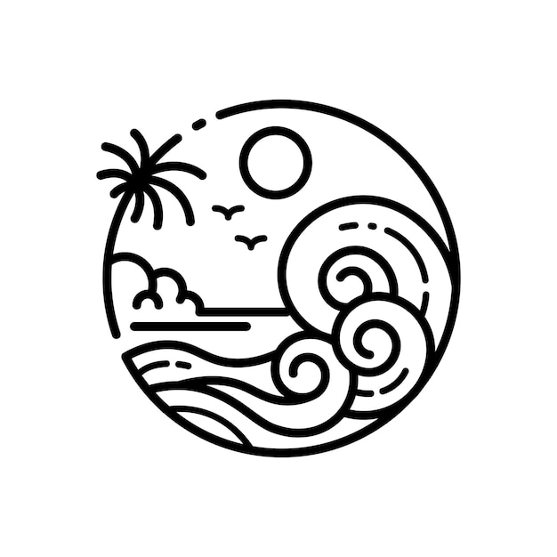 Logo Monoline De L'île Tropicale Avec Palmiers Et Vagues Sur La Plage