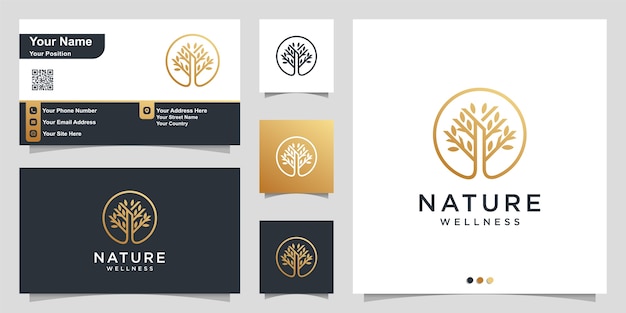 Logo de la nature avec concept simple d'arbre doré et carte de visite