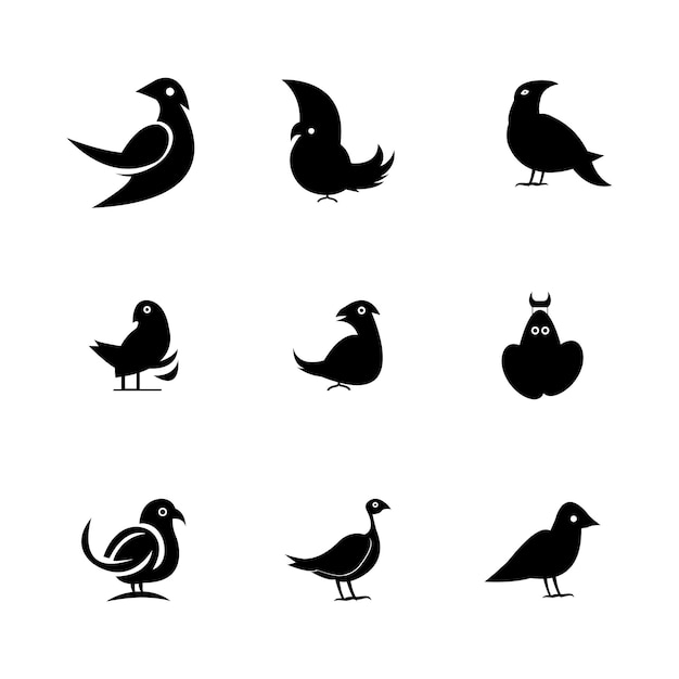 Logo d'oiseaux mis en icônes de silhouette vecteur noir et blanc