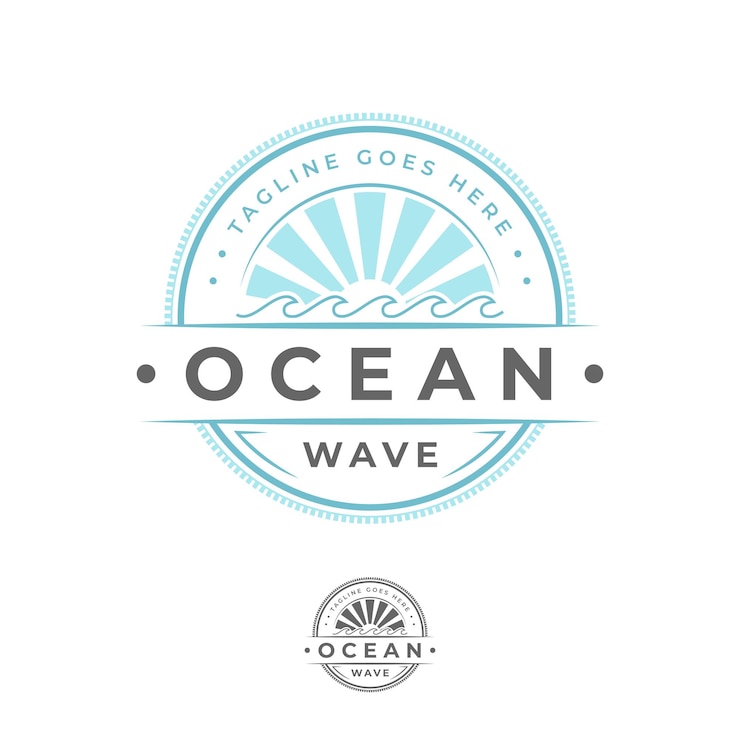 Vecteur logo d'onde océanique avec icône de soleil, cercle d'emblème de logo d'onde avec icône de lumière du soleil