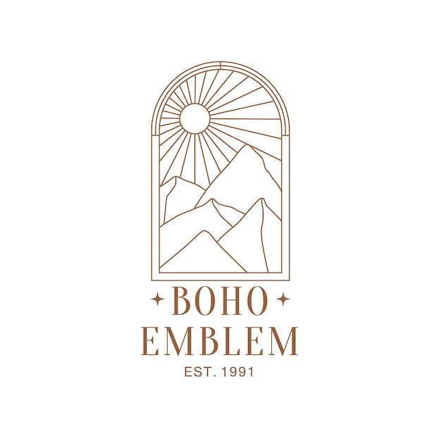 Logo De Paysage Boho Minimal Dans Un Style Linéaire Montagnes Nature Soleil Et Sunburst