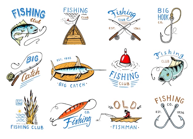 Logo de la pêche avec logo de pêche avec pêcheur dans un bateau et emblème avec canne à pêche pêchée.