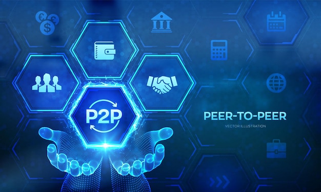 Logo peer to peer dans les mains filaires Paiement P2P et modèle en ligne pour le support ou le transfert d'argent Concept de technologie PeerToPeer sur écran virtuel Illustration vectorielle