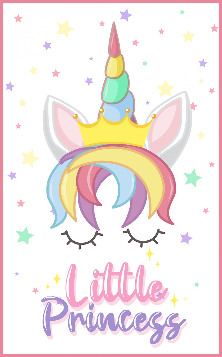 Vecteur logo de la petite princesse de couleur pastel avec une jolie licorne et des confettis étoiles