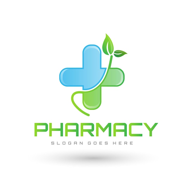 Vecteur logo de pharmacie avec une croix verte et des feuilles