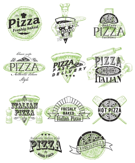 Logo De Pizza, Insigne, étiquette, Jeu D'emblèmes, Illustration Vectorielle Dans Un Style Rétro. Restauration Rapide, Typographie Vintage Pizzeria.