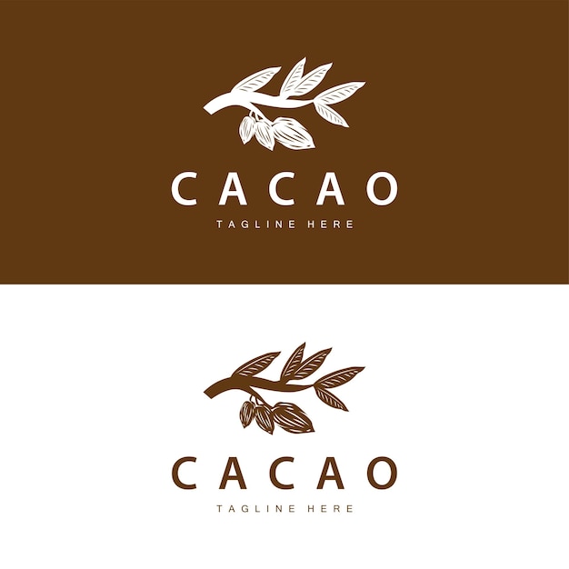 Vecteur le logo de la plante de chocolat chocolate bean avec un simple concept de feuille et de tige de graine