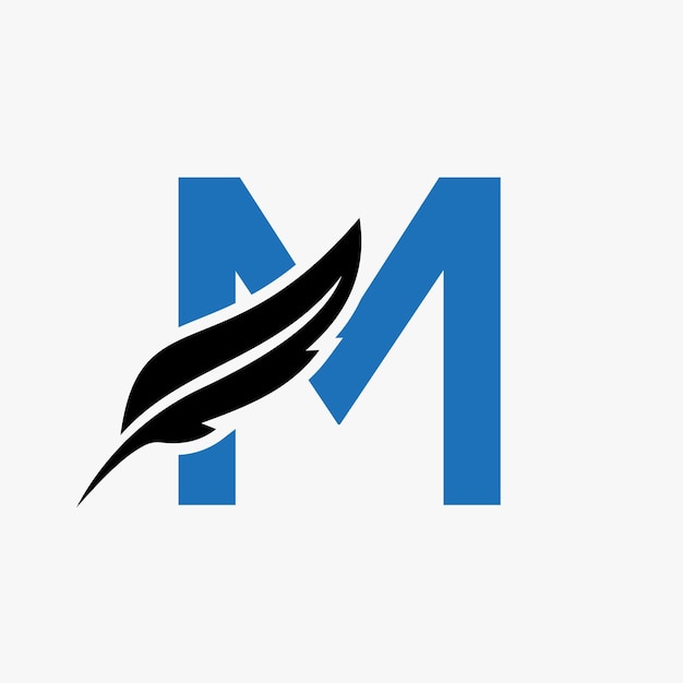 Logo plume sur la lettre M modèle de loi vectoriel logo plume d'oiseau symbole