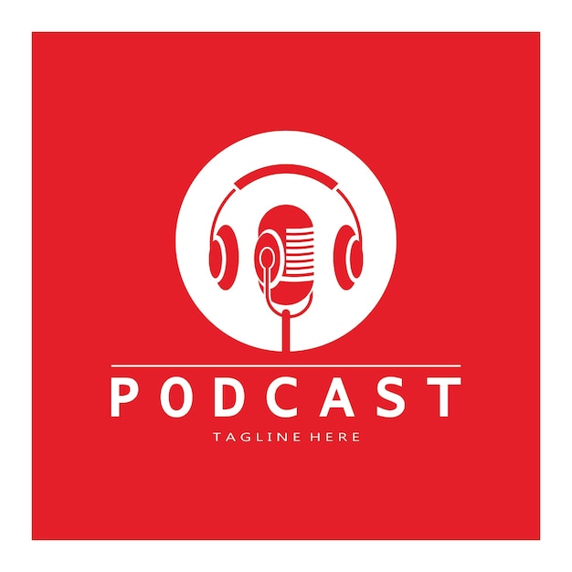 Vecteur logo podcast avec microphone et écouteurs audio ondes radio pour studio talk-show chat partage d'informations interview multimédia et web