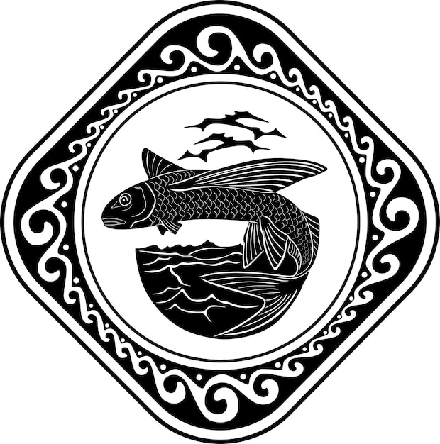 logo de poisson avec cadre de plage et de vagues silhouette faite à la main modèle 7