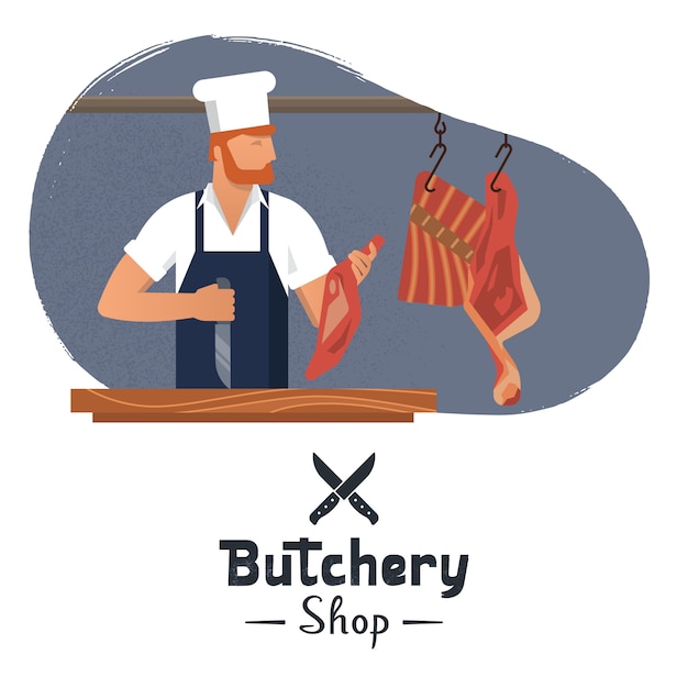 logo pour une boucherie avec une boucherie barbu au travail.