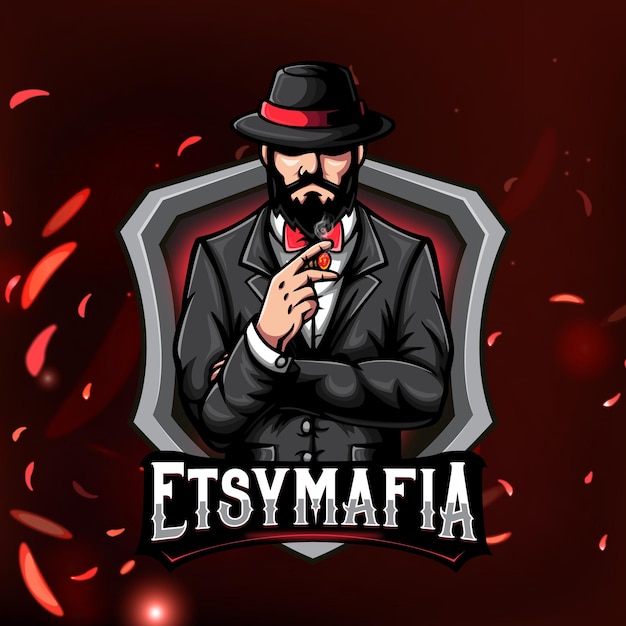 Un logo pour une mafia avec un homme en costume et un logo de mascotte de chapeau