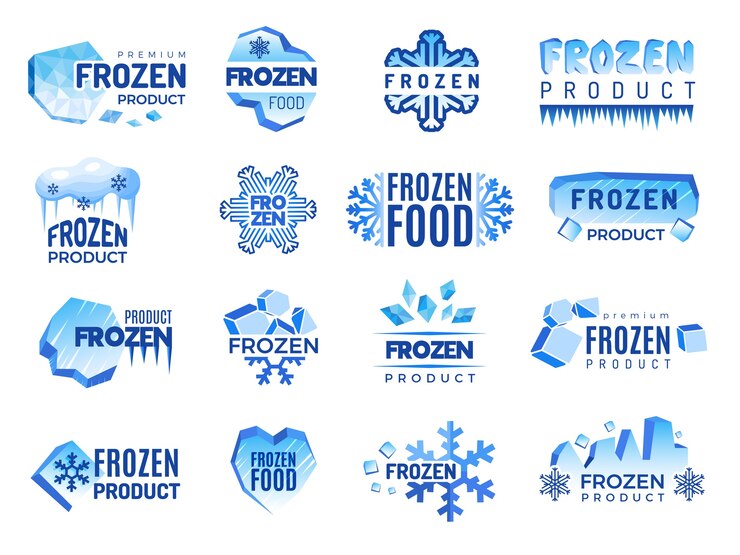 Vecteur logo de produit de glace. éléments graphiques froids bleus d'identité d'entreprise d'aliments surgelés. produit de flocon de neige, badge de température congelée pour illustration de réfrigérateur